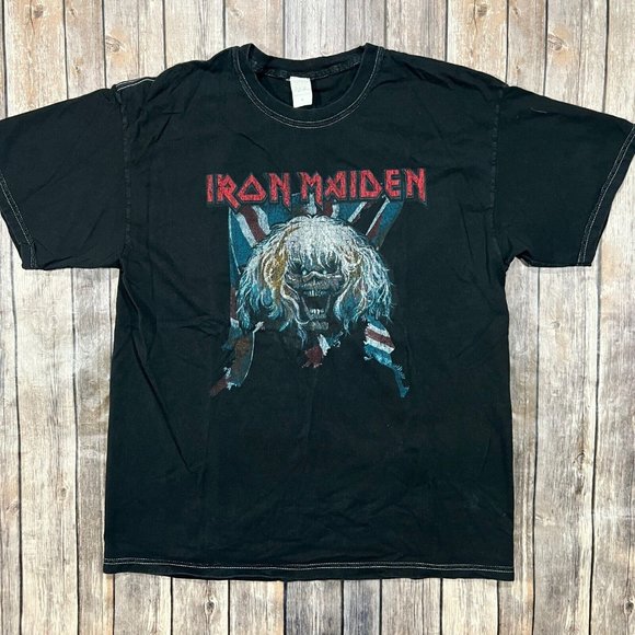 Iron Maiden Eddie Union Jack Flag Shirt Sz Large Black Mens Metal Merch Concert - Picture 1 of 6